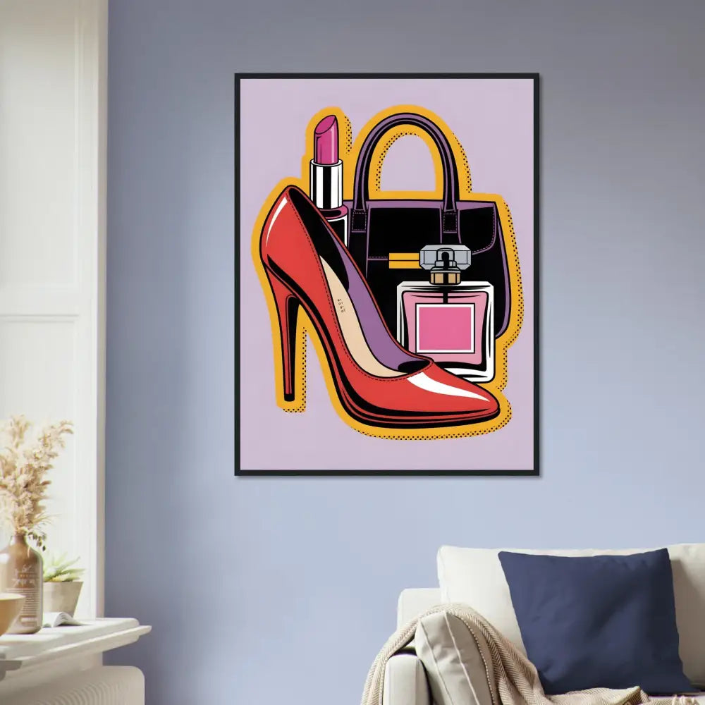 Pop art style illustration of a red high heel, black handbag, lipstick, and perfume for Glam Slam poster