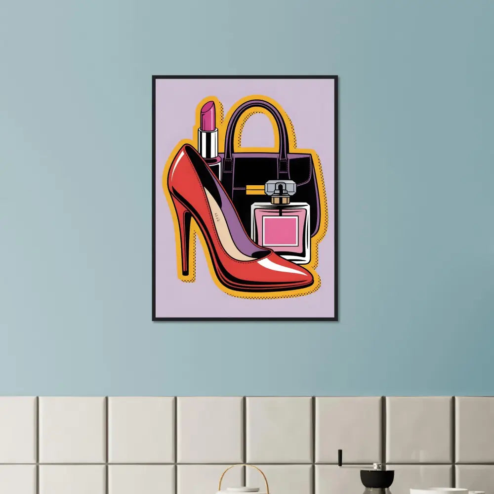 Pop art print of a red high-heeled shoe, black handbag, lipstick, and perfume bottle for Glam Slam poster
