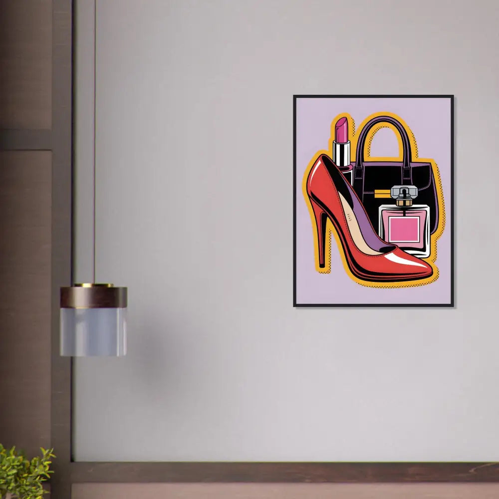 Framed Glam Slam poster with red high-heel shoe black handbag lipstick and perfume bottle