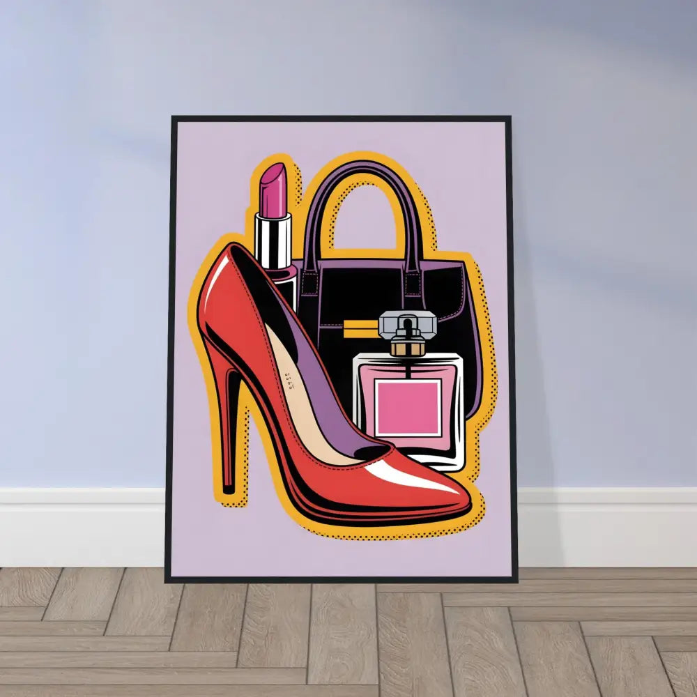 Framed Glam Slam poster with red high heel, black handbag, lipstick, and perfume on purple background