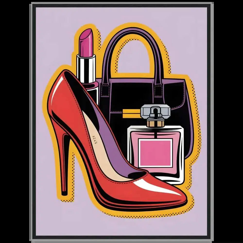 Glam Slam Hits with red high-heeled pump, black handbag, pink lipstick, and perfume