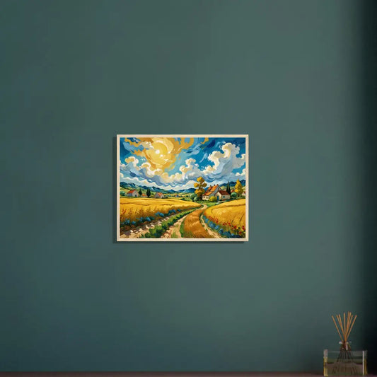 Framed landscape painting titled Golden Fields Reverie displayed in PixiOnyx Pastoral Dreamscape poster