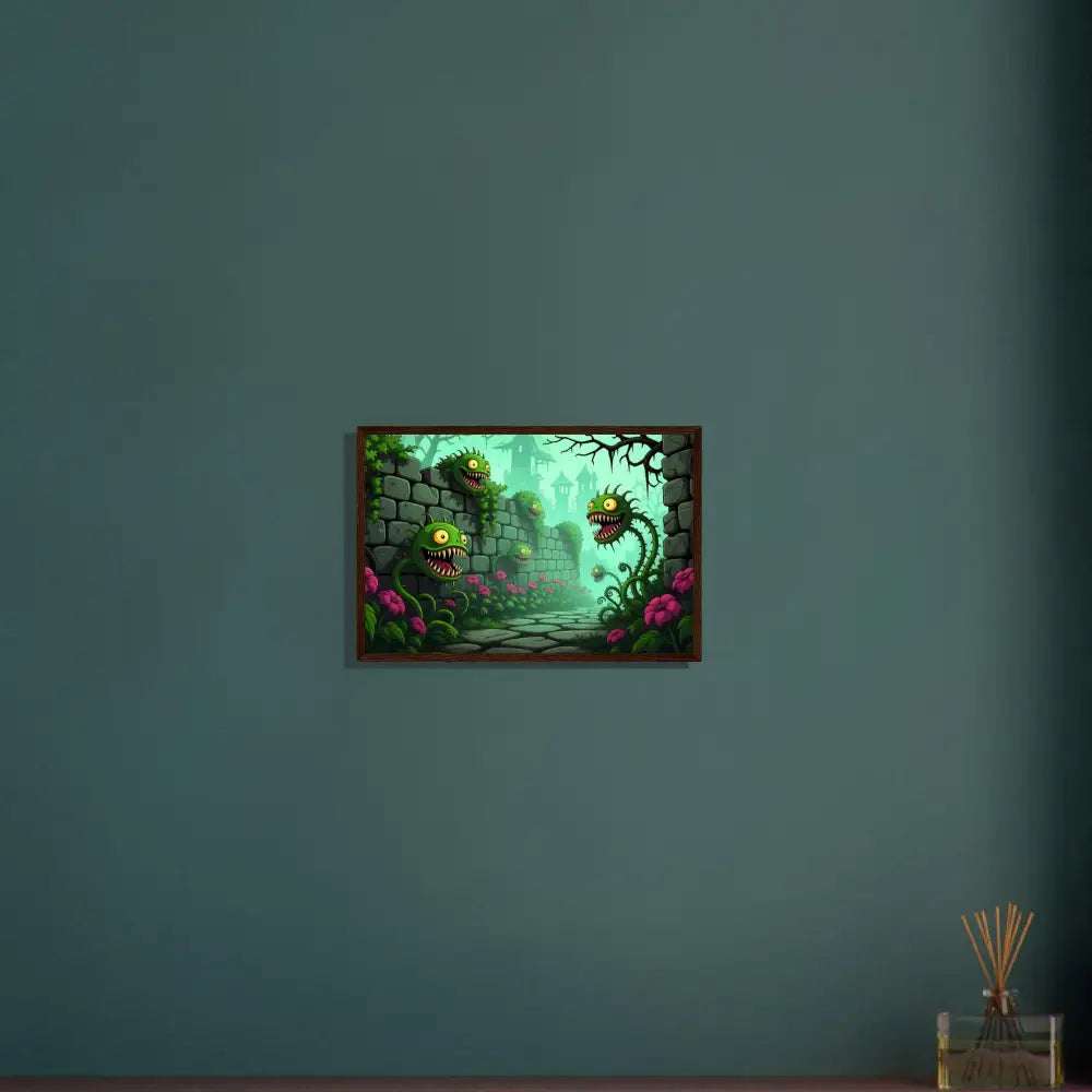 Framed monster garden art poster titled Grinvine Grove on PixiOnyx Surreal Fantasy Nature