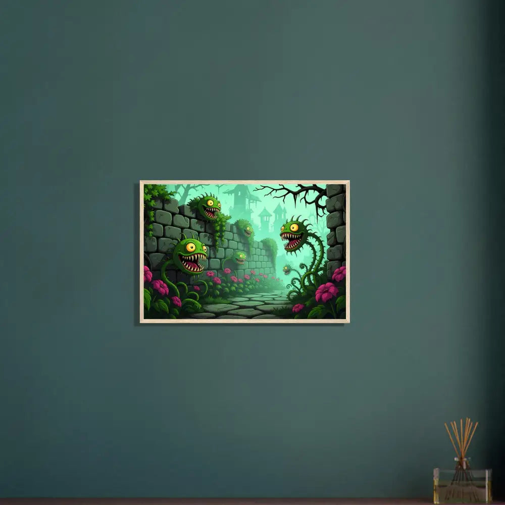 Framed cartoonish monster plant artwork from Grinvine Grove PixiOnyx Surreal Fantasy Nature poster