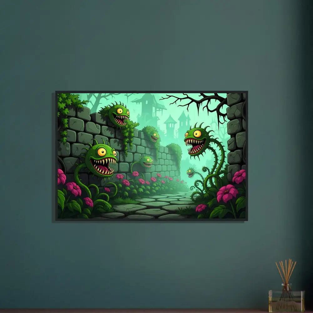 Framed cartoonish monster plant artwork from Grinvine Grove PixiOnyx Surreal Fantasy Nature poster