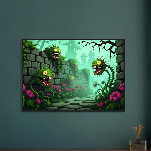 Cartoonish monster plant artwork framed poster Grinvine Grove PixiOnyx Surreal Fantasy Nature
