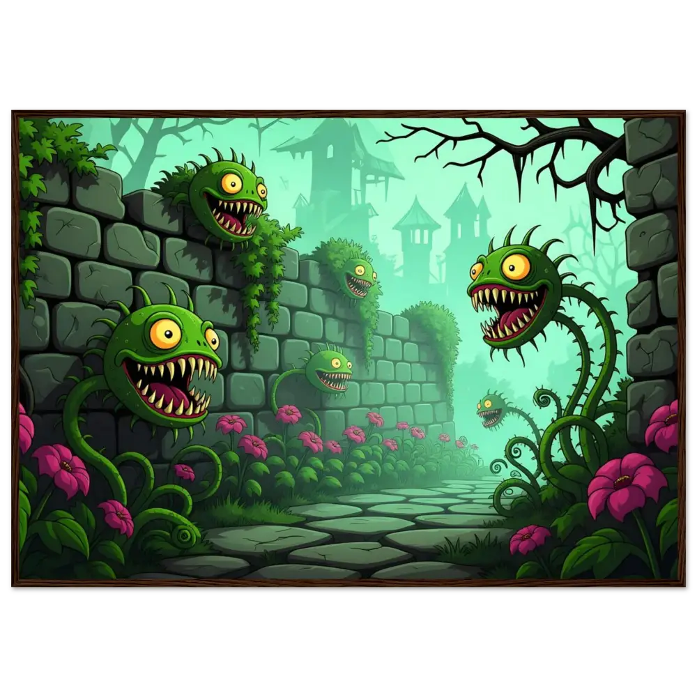 Cartoonish carnivorous plants illustrated for Framed Poster Grinvine Grove PixiOnyx