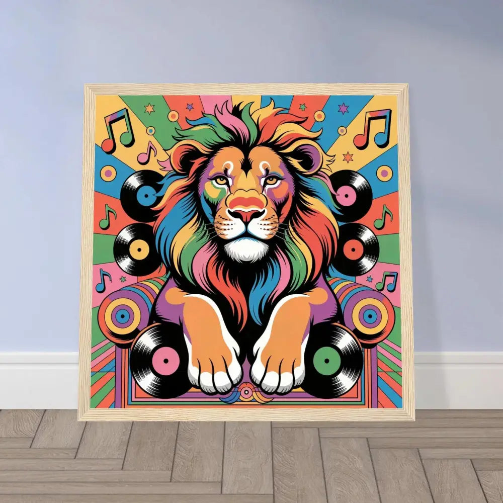 Vibrantly colored pop art lion framed poster Groove King musically blessed wall art