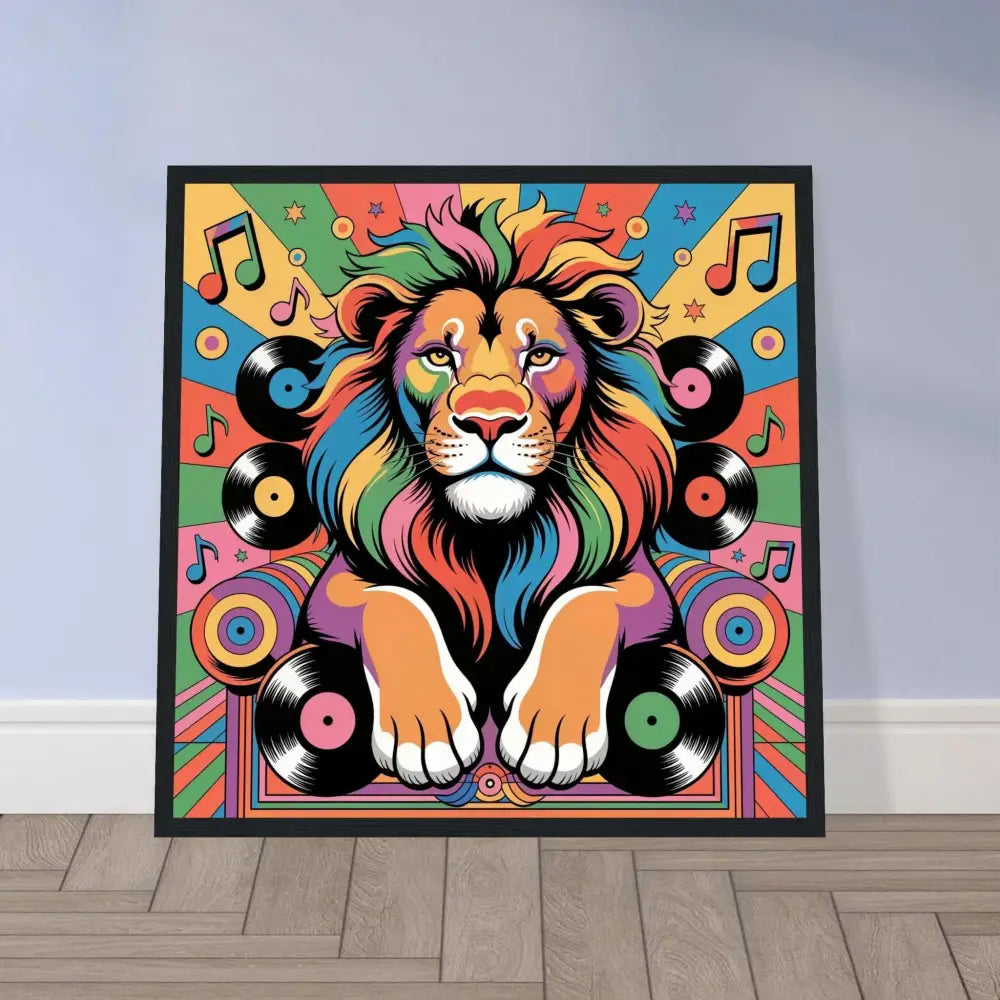 Vibrantly colored pop art lion framed poster Groove King musically blessed PixiOnyx