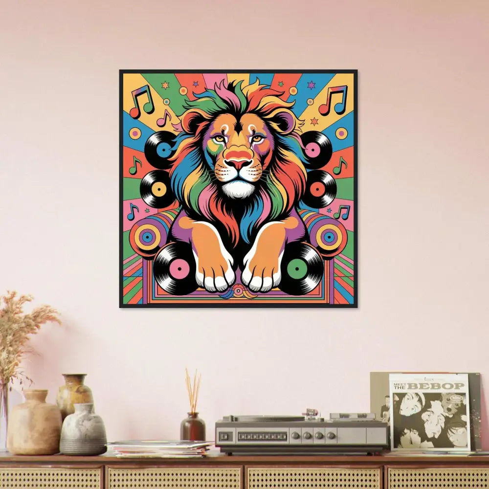 Vibrant framed poster Groove King lion with rainbow mane, musical notes, vinyl records