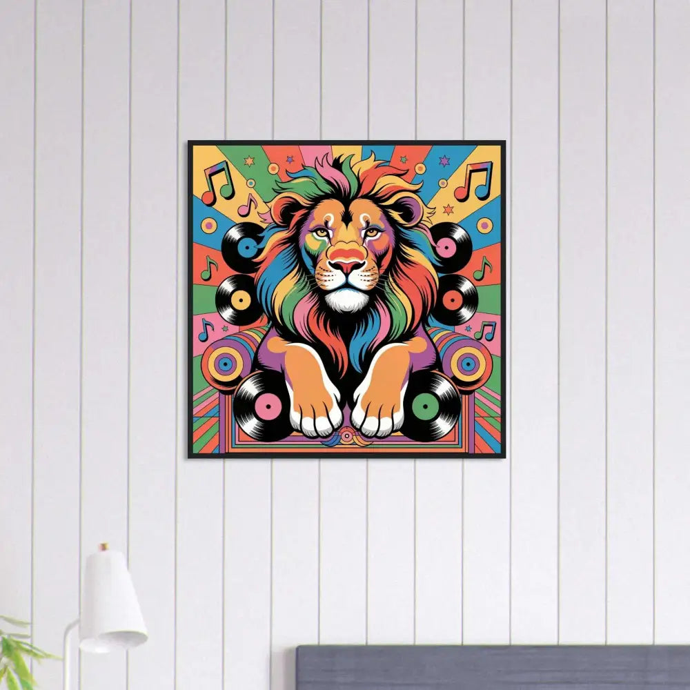 Vibrant pop art print of Groove King lion with rainbow mane, musical notes, vinyl records