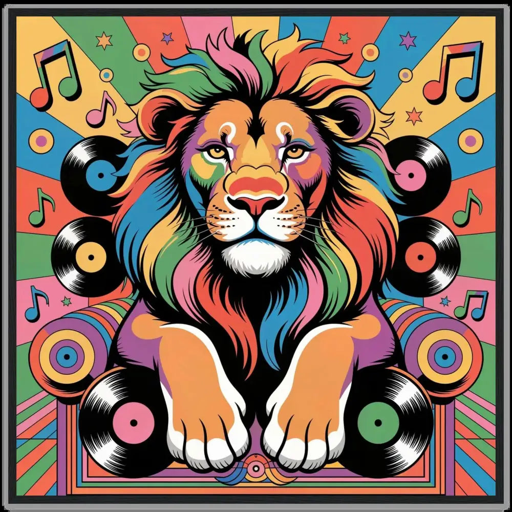Vibrant lion with rainbow mane, musical notes, vinyl records for PixiOnyx Funkadelic Groove King poster