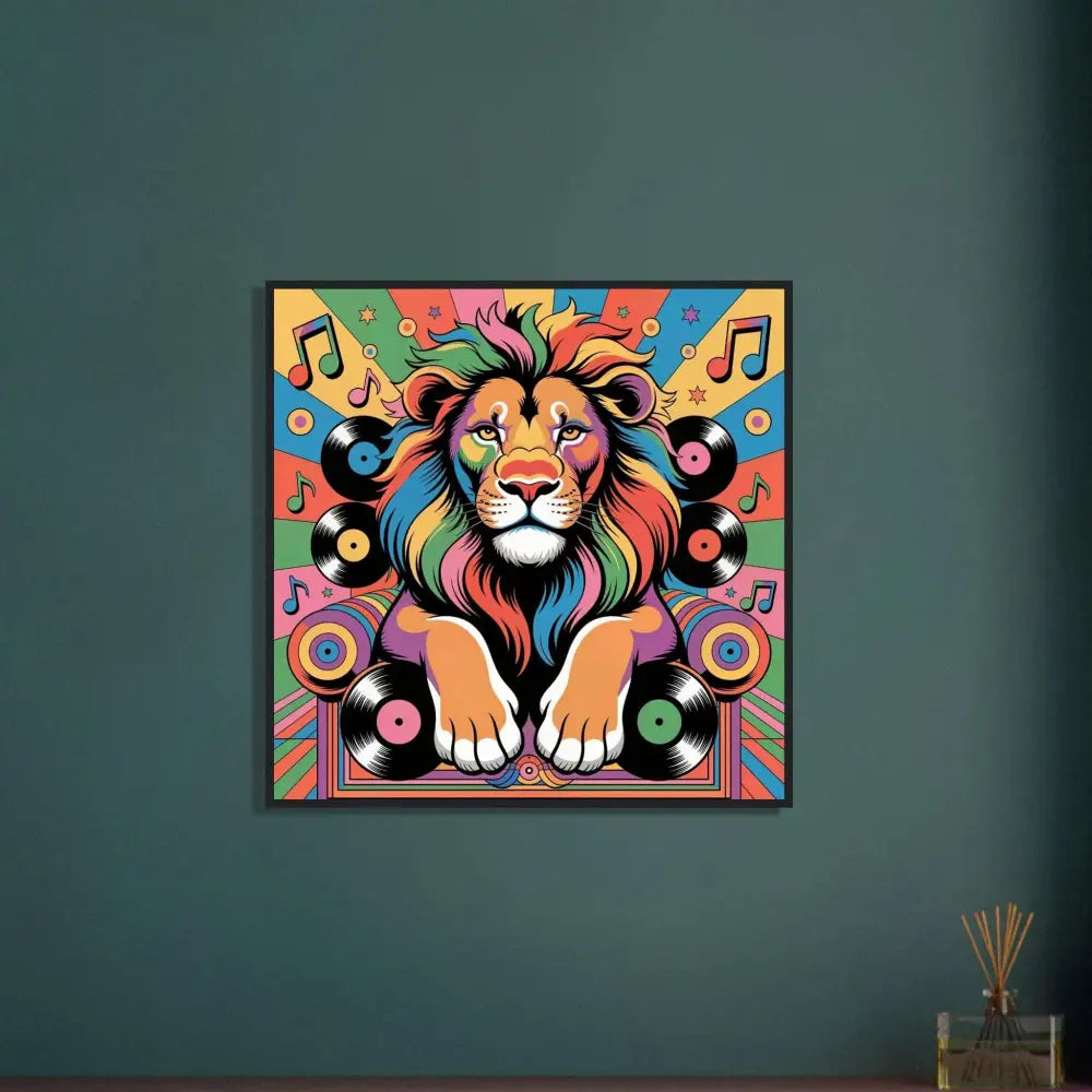 Colorful Lion Art Print with Musical Notes and Vinyl Records for Groove King Decor