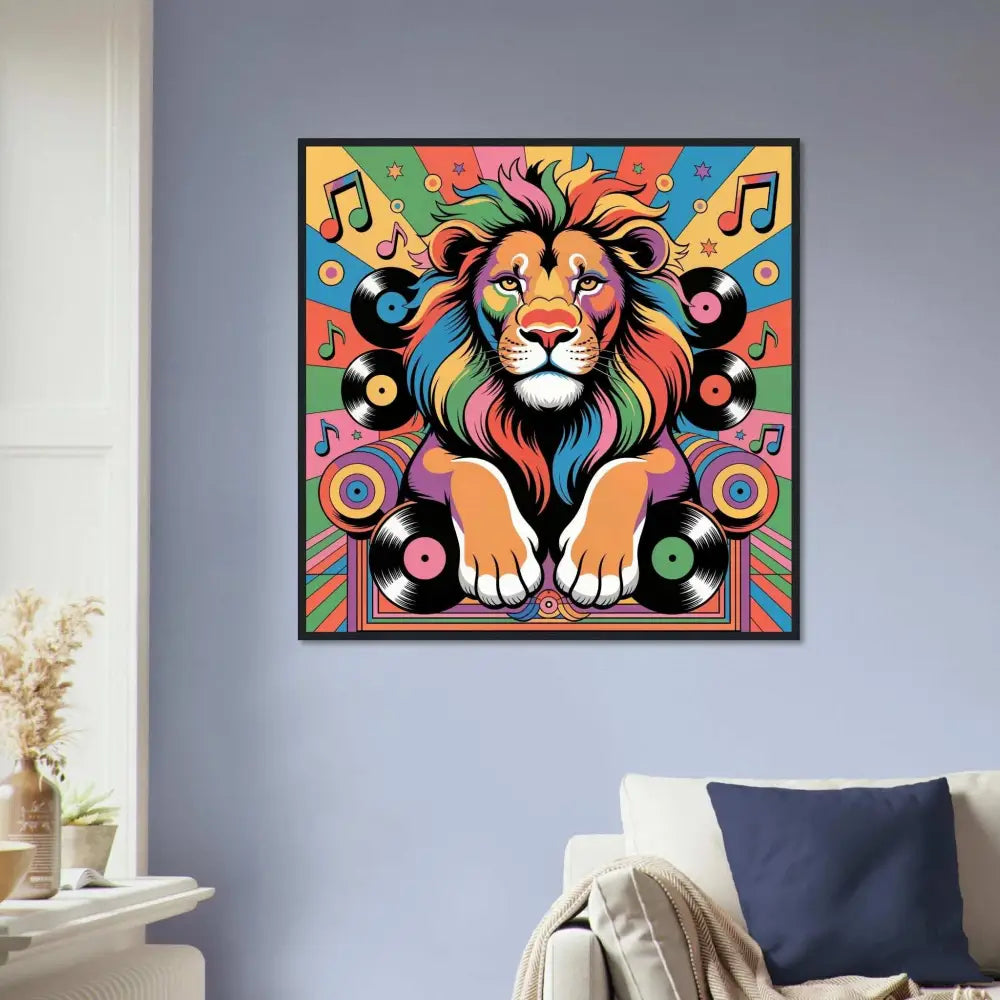 Vibrant framed poster of Groove King lion with musical notes and vinyl records