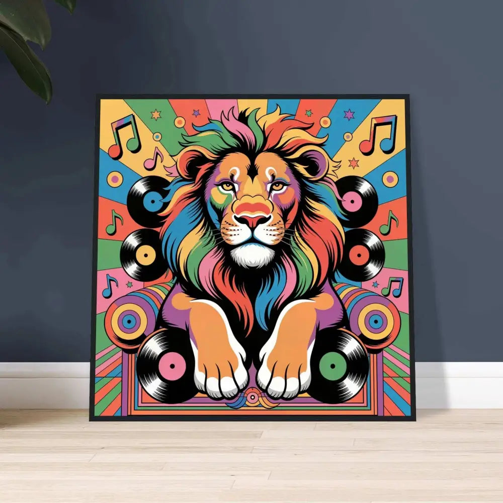 Vibrant framed poster Groove King featuring a colorful musically blessed lion with musical notes