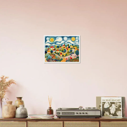 Colorful village landscape painting on framed poster Hillside Harmony by PixiOnyx