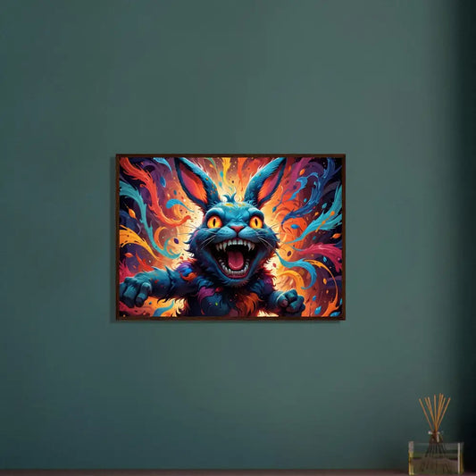 Colorful framed menacing rabbit art poster from PixiOnyx Chaos Frame Edition