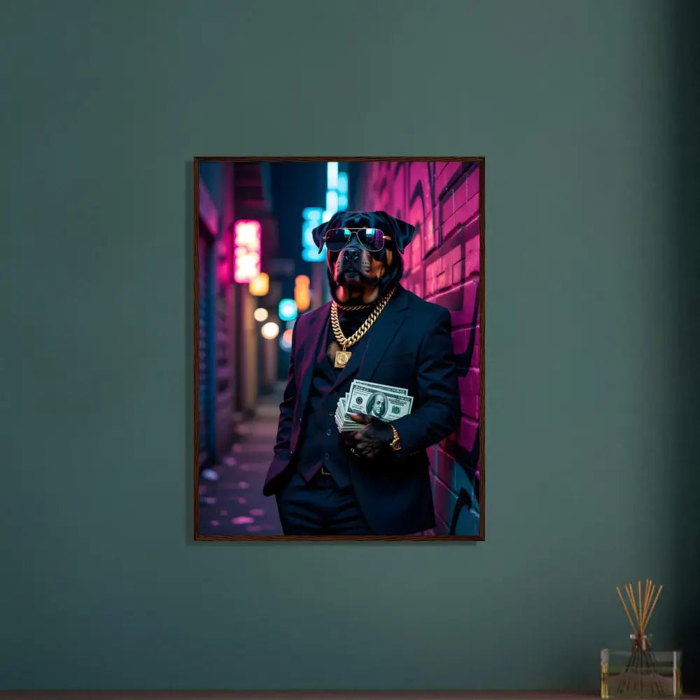 Framed dog portrait displayed in PixiOnyx Urban Command Kingpin K9 poster product