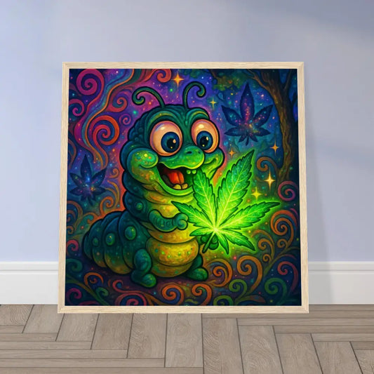 Framed cartoon caterpillar with cannabis leaf in PixiOnyx Psychedelic Wall Art poster