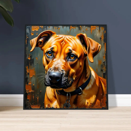 Framed painting of a brown dog with a black collar and tag showcasing loyal companion’s gaze