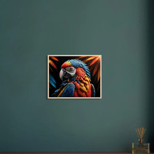 Framed Parrot Portrait featuring a vibrant Macaw in a natural royal setting