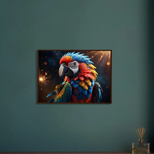 Framed Parrot Artwork from PixiOnyx Jungle Majesty Nature Frame features a vibrant Macaw Firelight poster