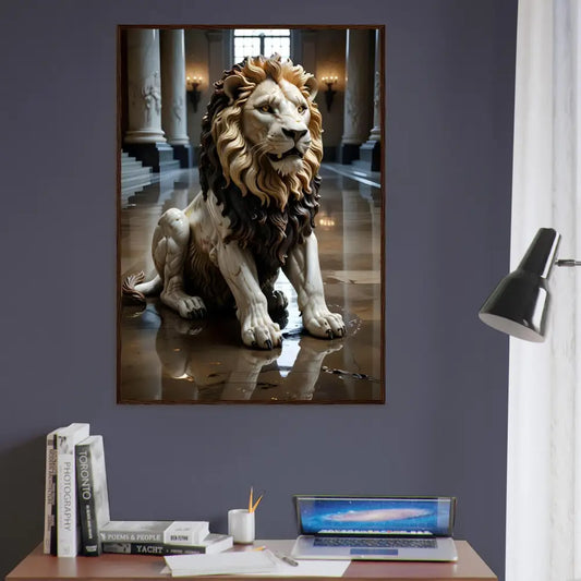 Framed lion statue artwork from PixiOnyx Regal Sculpture Series in grand hall display