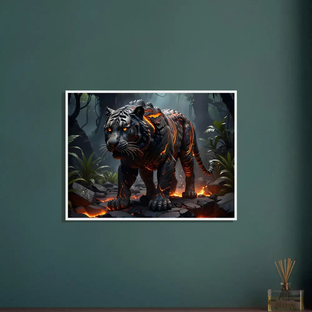 Framed Lava Tiger Art Poster displayed in PixiOnyx Molten Majesty Fantasy Jungle decor