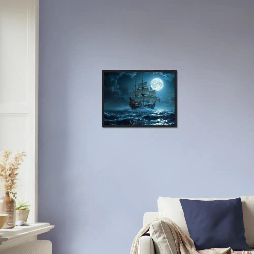 Framed ship painting artwork in a product called Framed Poster Moonlit Majesty Nautical Dreamscape