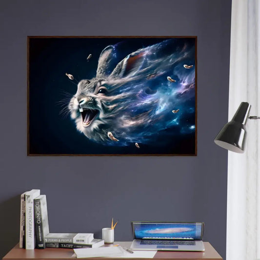 Framed cosmic rabbit artwork from PixiOnyx Starlit Frame Edition Nebula Howl poster
