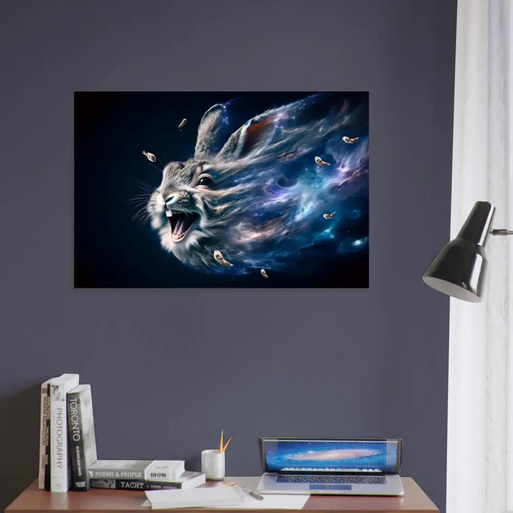 Rabbit-themed wall art framed poster from PixiOnyx Starlit Frame Edition featuring Nebula Howl