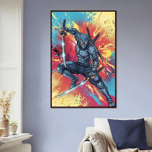 Vibrant ninja warrior poster with black frame from PixiOnyx Pop Samurai Series, perfect for cyber-sleek ninja launches