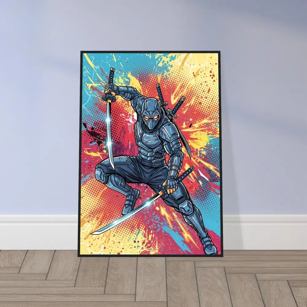 Framed Poster Ninja Slice features a cyber-sleek ninja launches mid-air in retro comic chaos style