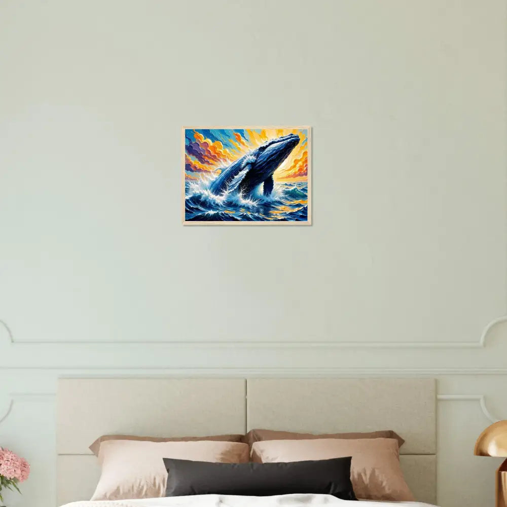Vibrant whale breaching at sunset framed poster on museum-grade matte paper showcasing sea’s untamed grace with rich pigment depth