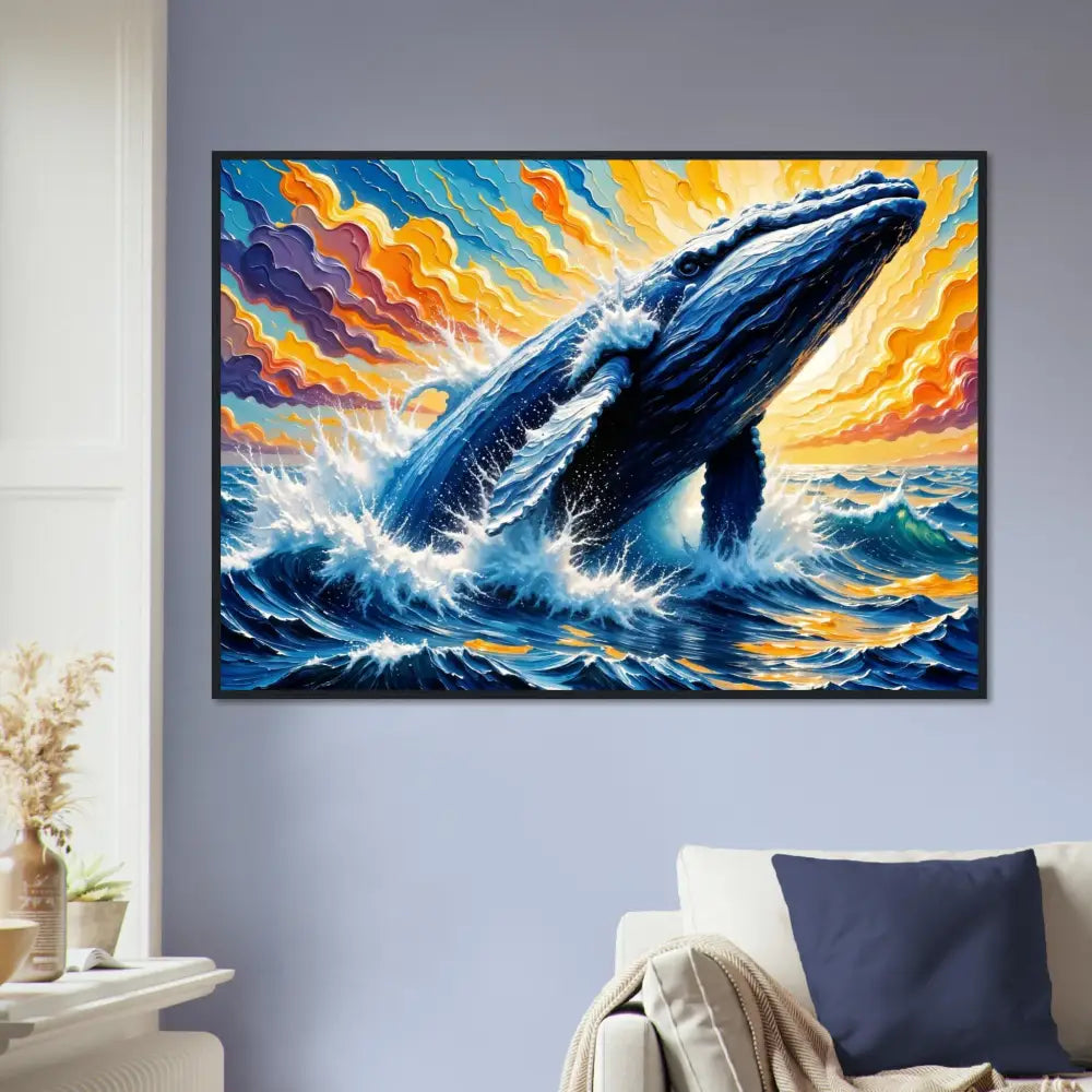 Framed poster Ocean King depicts a blue whale breaching in a colorful stormy sea on museum-grade matte paper