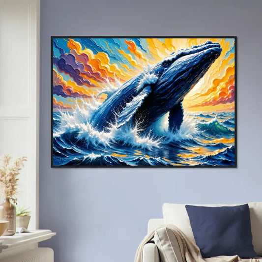 Framed poster Ocean King depicts a blue whale breaching in a colorful stormy sea on museum-grade matte paper