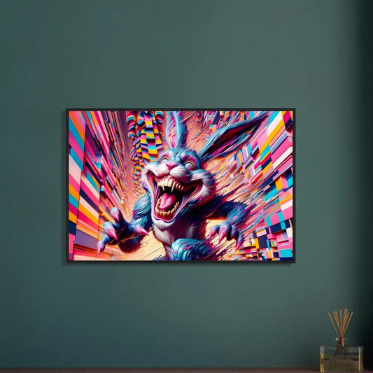 Colorful framed menacing rabbit art poster from PixiOnyx Fractured Frame Edition