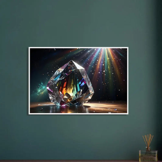 Iridescent crystal prism displayed on Framed Poster Prismatic Splendor by PixiOnyx Light Elegance