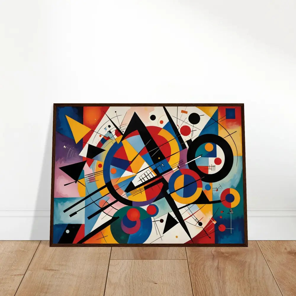 Abstract geometric painting displayed in Framed Poster Rhythmic Geometry by PixiOnyx