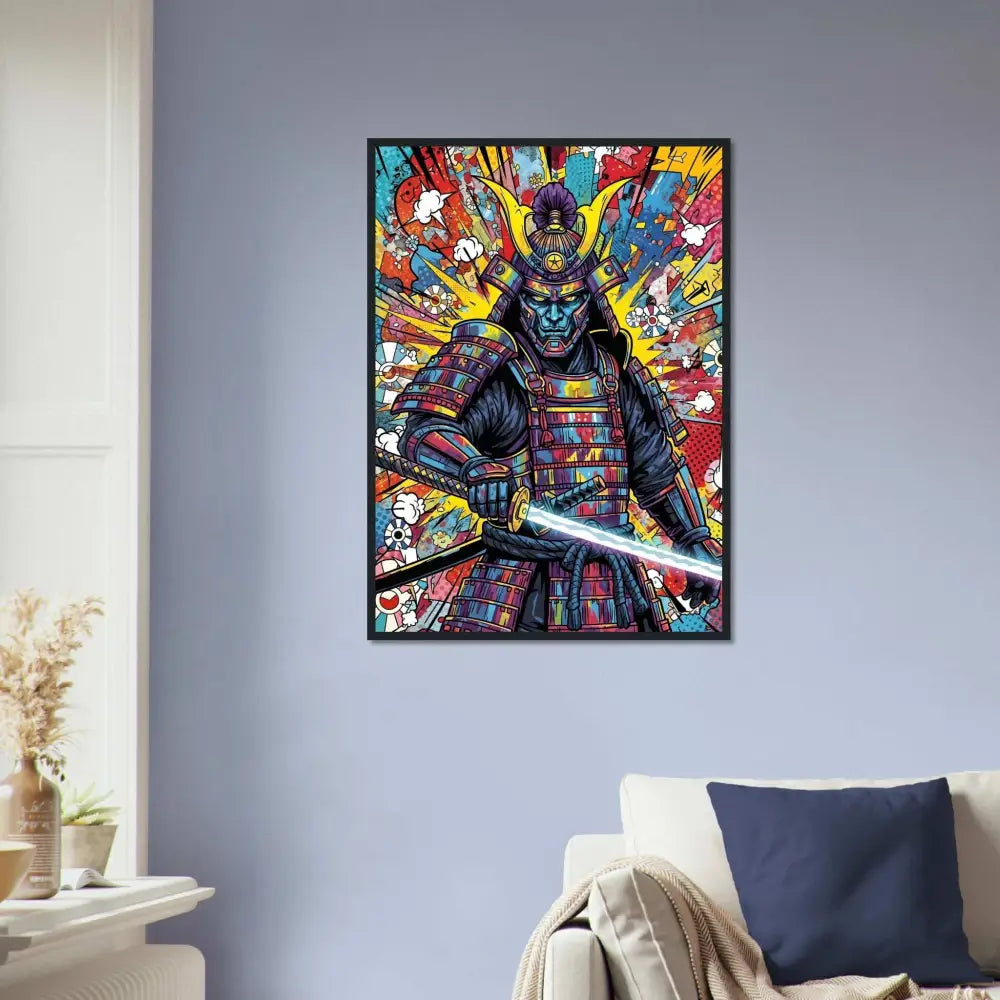 Vibrant Samurai Splash artwork in a black frame on sustainably sourced wood wall art