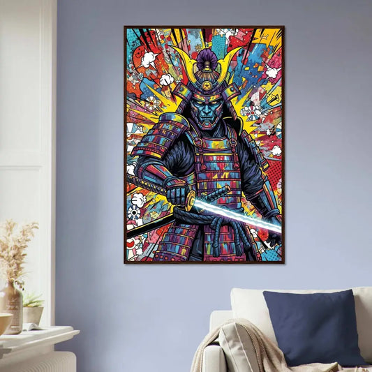 Vibrantly colored Samurai Splash artwork on sustainably sourced wood for PixiOnyx Wall Warrior Series