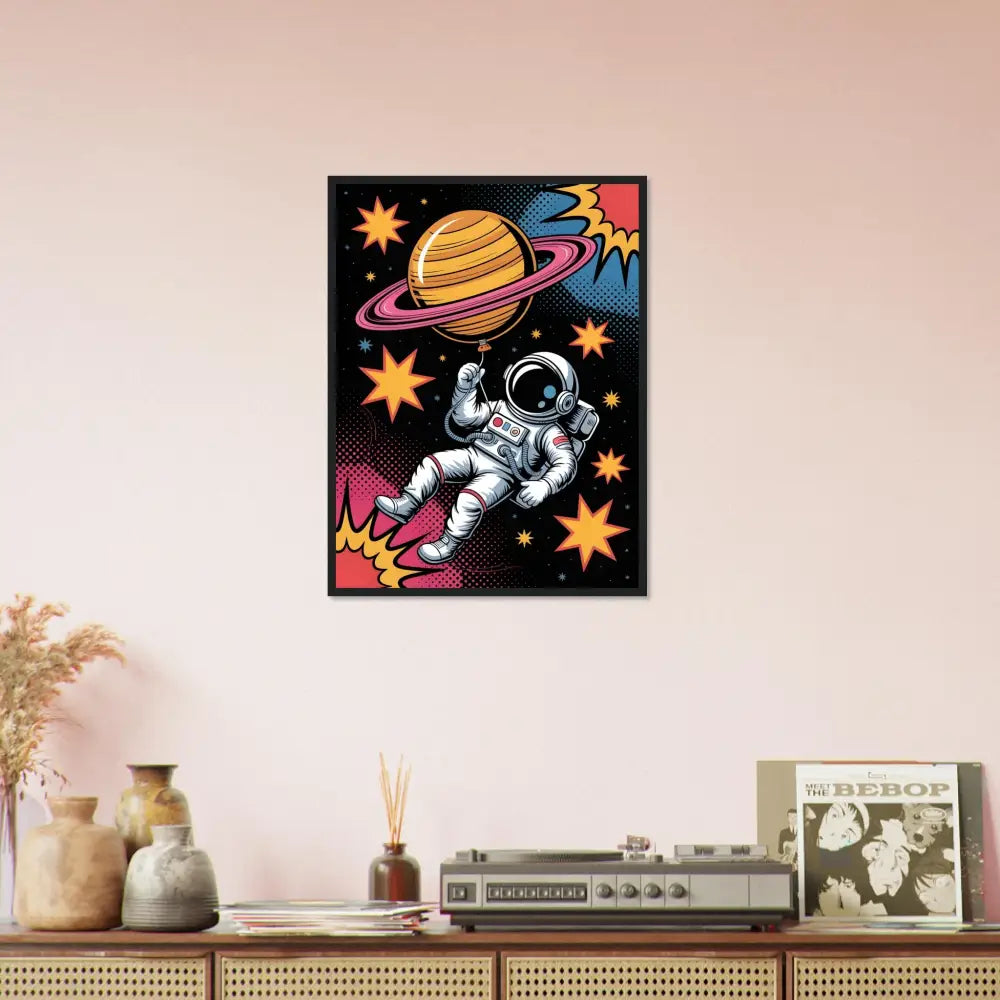 Framed astronaut pop art print on matte white paper with vivid clarity FSC-certified pine frame