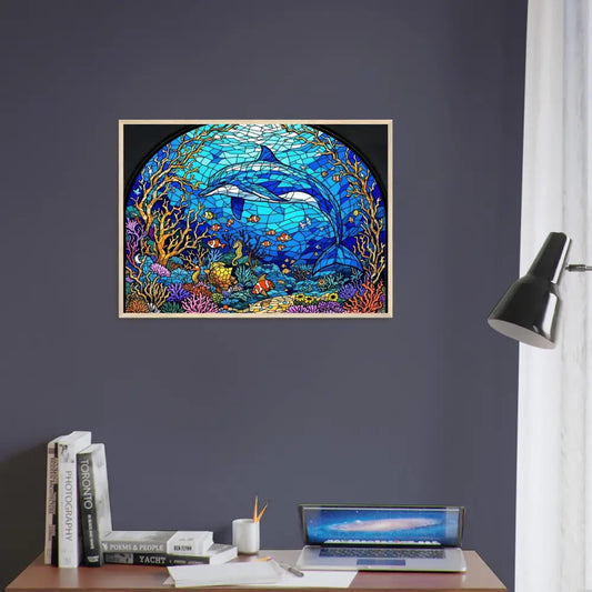Framed stained glass dolphin artwork from Sea Cathedral PixiOnyx Oceanlight Relic poster