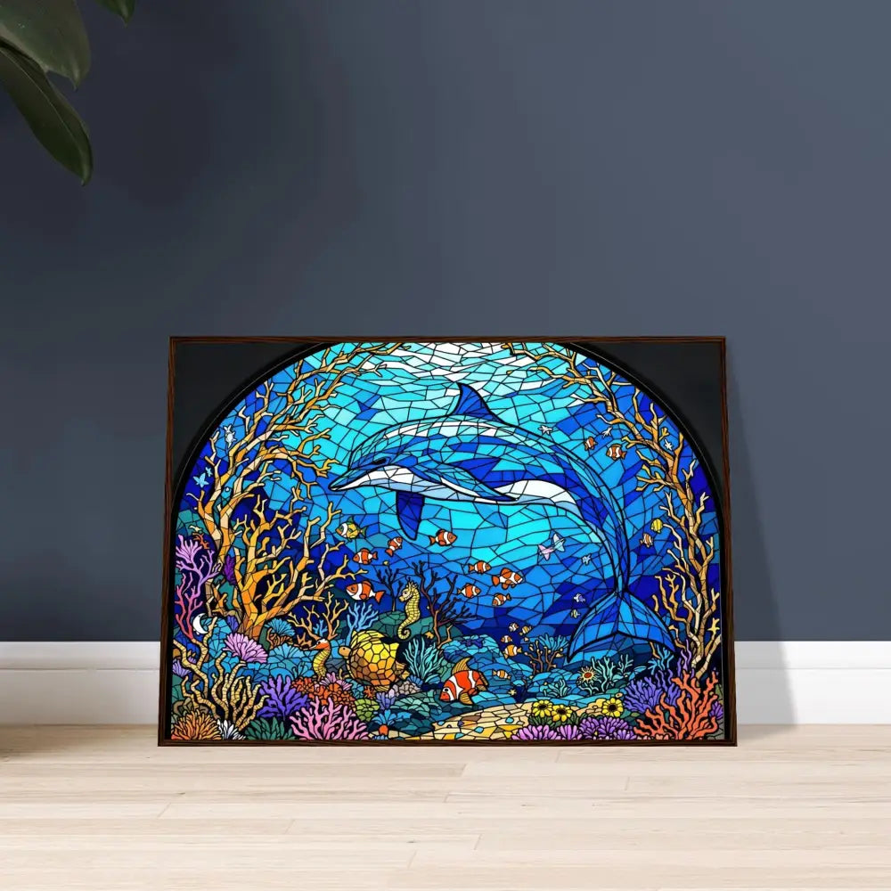 Dolphin stained glass artwork in framed poster Sea Cathedral PixiOnyx Oceanlight Relic