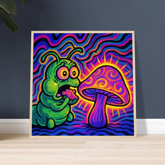 Psychedelic caterpillar and mushroom art framed poster for PixiOnyx Shroomapillar Snack Attack wall display