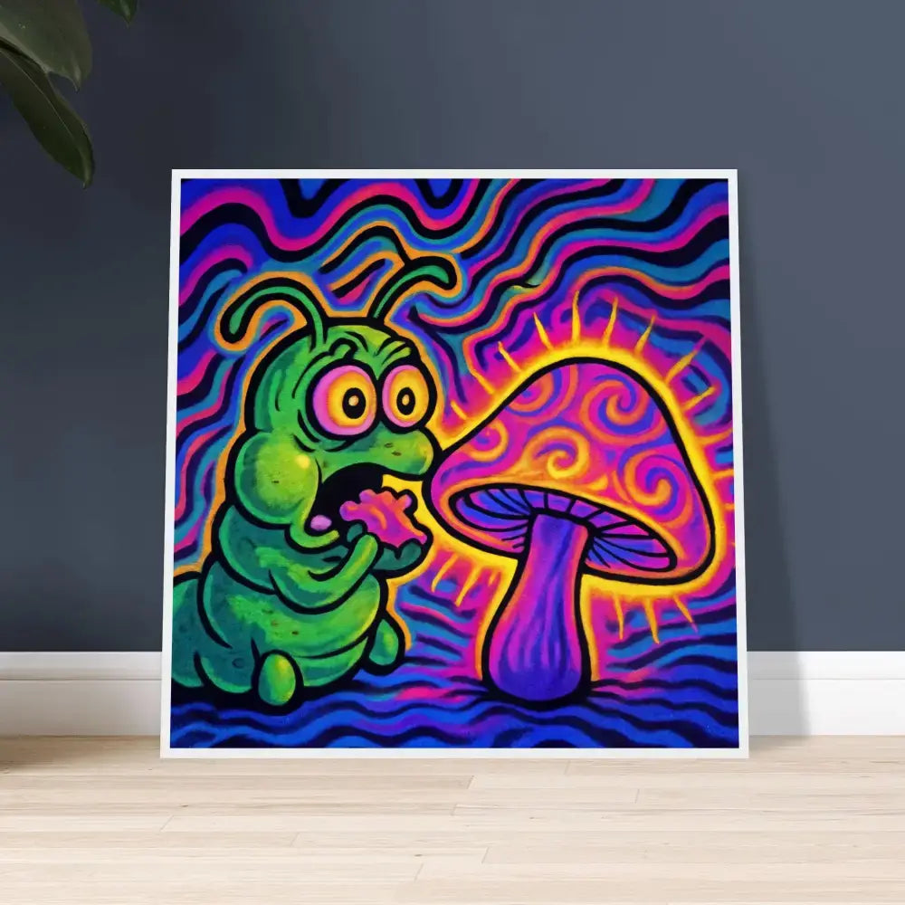 Psychedelic caterpillar and mushroom artwork in framed poster by PixiOnyx Wall Display