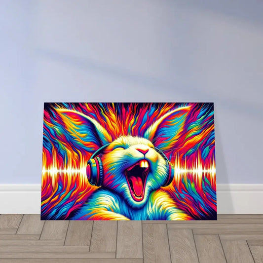 Colorful rabbit with headphones art on framed poster Sonic Scream by PixiOnyx Electric