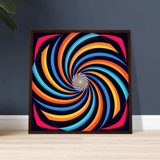 Framed colorful spiral artwork displayed in PixiOnyx Urban Geometry Spirograph Swirl poster