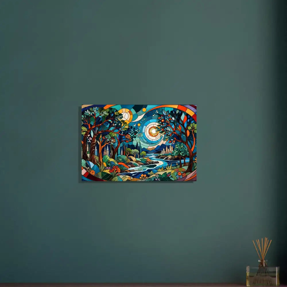 Colorful forest landscape painting in stained horizon framed poster by PixiOnyx