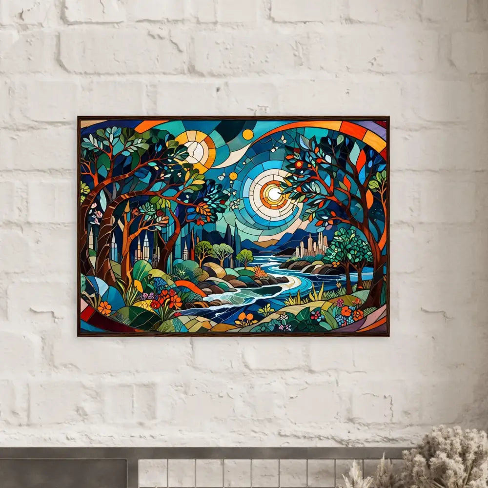 Framed stained-glass-style landscape art from PixiOnyx Stained Horizon psychedelic fractal edition